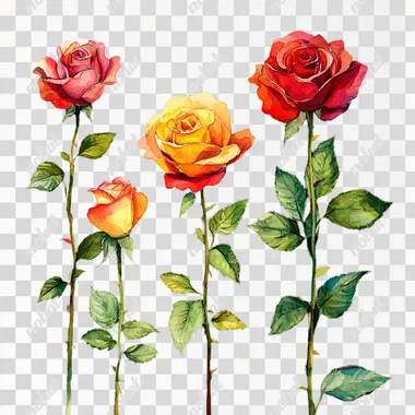 a line of roses painted in watercolor, vivid colors warm colors, transpararent background