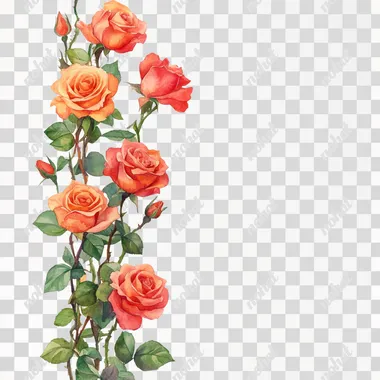 a line of roses painted in watercolor, vivid colors warm colors, transpararent background
