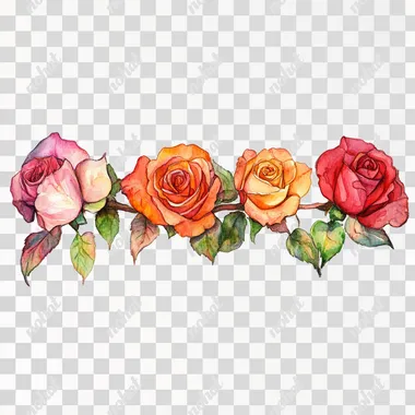 a line of roses painted in watercolor, vivid colors warm colors, transpararent background