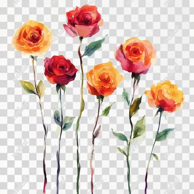 a line of roses painted in watercolor, vivid colors warm colors, transpararent background