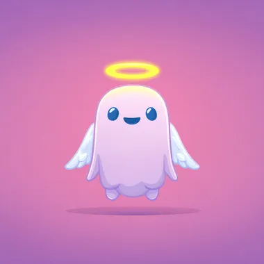 minimalist cartoon angel character, front-facing, footless, soft ghost-like rounded body, simple blue oval eyes and smiling mouth, glowing golden halo above head, large cute feathered wings, clean solid color background, pastel tones (pink, blue, purple), flat design with smooth shading, no texture, lumy app icon style, ultra-cute, 2D+3D blend look