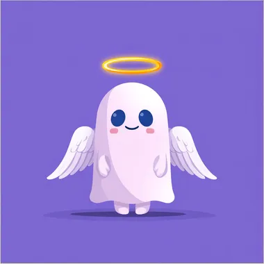 minimalist cartoon angel character, front-facing, footless, soft ghost-like rounded body, simple blue oval eyes and smiling mouth, glowing golden halo above head, large cute feathered wings, clean solid color background, pastel tones (pink, blue, purple), flat design with smooth shading, no texture, lumy app icon style, ultra-cute, 2D+3D blend look