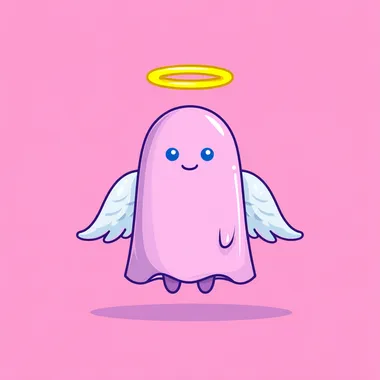 minimalist cartoon angel character, front-facing, footless, soft ghost-like rounded body, simple blue oval eyes and smiling mouth, glowing golden halo above head, large cute feathered wings, clean solid color background, pastel tones (pink, blue, purple), flat design with smooth shading, no texture, lumy app icon style, ultra-cute, 2D+3D blend look