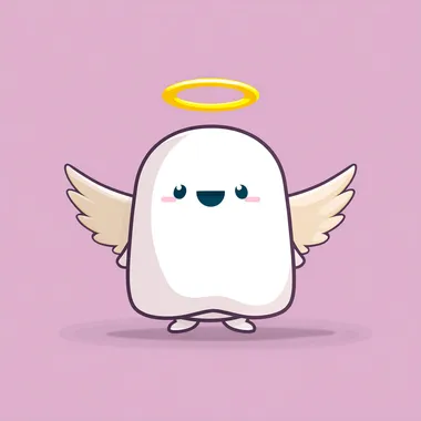 minimalist cartoon angel character, front-facing, footless, soft ghost-like rounded body, simple blue oval eyes and smiling mouth, glowing golden halo above head, large cute feathered wings, clean solid color background, pastel tones (pink, blue, purple), flat design with smooth shading, no texture, lumy app icon style, ultra-cute, 2D+3D blend look