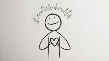 A simple, cheerful stick-figure style drawing of a stick figure with its hands over its chest, where wavy vibration lines are emanating from a heart shape minimalist on solid white background     --raw