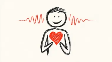 A simple, cheerful stick-figure style drawing of a stick figure with its hands over its chest, where wavy vibration lines are emanating from a heart shape minimalist on solid white background     --raw