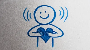 A simple, cheerful stick-figure style drawing of a stick figure with its hands over its chest, where wavy vibration lines are emanating from a heart shape minimalist on solid white background     --raw