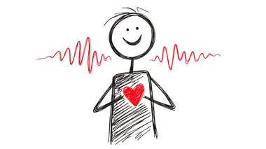 A simple, cheerful stick-figure style drawing of a stick figure with its hands over its chest, where wavy vibration lines are emanating from a heart shape minimalist on solid white background     --raw