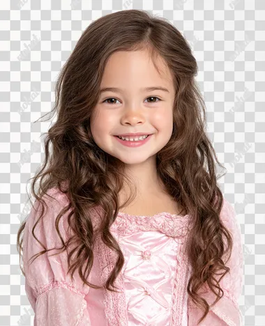 A little girl with a happy face in a pink princess dress and long brown hair looks a bit like Sleeping Beauty. The photo is set against an isolated white background and looks like a magazine stock photo. The photo was taken in a studio and shows a half-length photo.