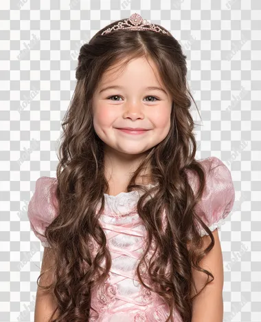 A little girl with a happy face in a pink princess dress and long brown hair looks a bit like Sleeping Beauty. The photo is set against an isolated white background and looks like a magazine stock photo. The photo was taken in a studio and shows a half-length photo.