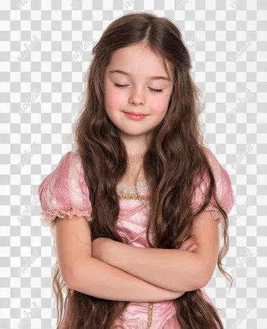 A little girl with a happy face in a pink princess dress and long brown hair looks a bit like Sleeping Beauty. The photo is set against an isolated white background and looks like a magazine stock photo. The photo was taken in a studio and shows a half-length photo.