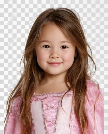 A little girl with a happy face in a pink princess dress and long brown hair looks a bit like Sleeping Beauty. The photo is set against an isolated white background and looks like a magazine stock photo. The photo was taken in a studio and shows a half-length photo.