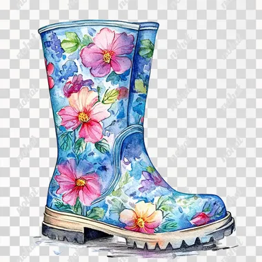 a feminine floral blue rain boot, watercolor on white background clipart