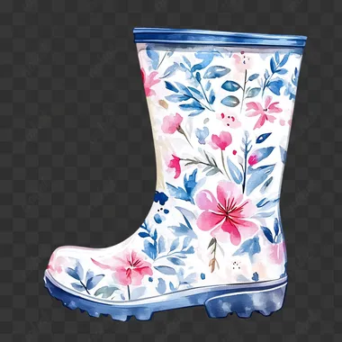 a feminine floral blue rain boot, watercolor on white background clipart