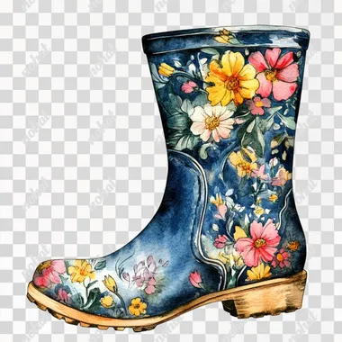 a feminine floral blue rain boot, watercolor on white background clipart