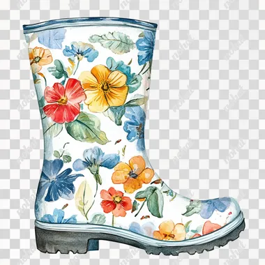 a feminine floral blue rain boot, watercolor on white background clipart