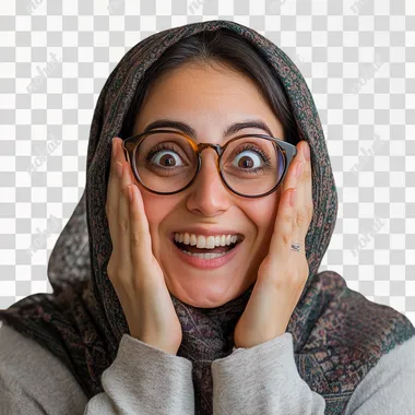 Iranian woman in her mid-30s, with an expression of delighted surprise. Her eyes are wide and bright behind her glasses, sparkling with joy, and her mouth is open in a broad, amazed smile. Both of her hands are placed on her cheeks in a classic gesture of pleasant surprise, framing her radiant face. She's wearing stylish, modern glasses that complement her features. She's dressed in a light gray formal manteau. Her head is adorned with a patterned dark green shawl. The shawl is styled to reveal a glimpse of her dark hair framing her face, with a few strands of her rich, dark hair visible, softening her features. Upper body portrait from the front. Her eyes, visible through the lenses of her glasses, convey wonder and excited happiness. Her facial expression is a mix of shock and elation, as if she's just received wonderful, unexpected news. There's a slight flush to her cheeks, enhancing her joyful appearance. High-resolution detail, shot with Canon EOS R5, 85mm portrait lens for a clear, professional portrayal with soft, flattering lighting that highlights her features, glasses, and delightfully surprised expression. The background is plain white, focusing all attention on the woman and her state of joyous astonishment. iw 1.8