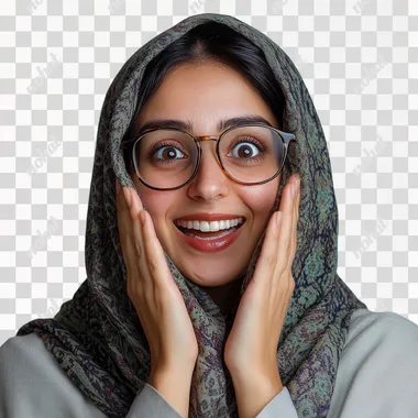 Iranian woman in her mid-30s, with an expression of delighted surprise. Her eyes are wide and bright behind her glasses, sparkling with joy, and her mouth is open in a broad, amazed smile. Both of her hands are placed on her cheeks in a classic gesture of pleasant surprise, framing her radiant face. She's wearing stylish, modern glasses that complement her features. She's dressed in a light gray formal manteau. Her head is adorned with a patterned dark green shawl. The shawl is styled to reveal a glimpse of her dark hair framing her face, with a few strands of her rich, dark hair visible, softening her features. Upper body portrait from the front. Her eyes, visible through the lenses of her glasses, convey wonder and excited happiness. Her facial expression is a mix of shock and elation, as if she's just received wonderful, unexpected news. There's a slight flush to her cheeks, enhancing her joyful appearance. High-resolution detail, shot with Canon EOS R5, 85mm portrait lens for a clear, professional portrayal with soft, flattering lighting that highlights her features, glasses, and delightfully surprised expression. The background is plain white, focusing all attention on the woman and her state of joyous astonishment. iw 1.8