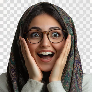 Iranian woman in her mid-30s, with an expression of delighted surprise. Her eyes are wide and bright behind her glasses, sparkling with joy, and her mouth is open in a broad, amazed smile. Both of her hands are placed on her cheeks in a classic gesture of pleasant surprise, framing her radiant face. She's wearing stylish, modern glasses that complement her features. She's dressed in a light gray formal manteau. Her head is adorned with a patterned dark green shawl. The shawl is styled to reveal a glimpse of her dark hair framing her face, with a few strands of her rich, dark hair visible, softening her features. Upper body portrait from the front. Her eyes, visible through the lenses of her glasses, convey wonder and excited happiness. Her facial expression is a mix of shock and elation, as if she's just received wonderful, unexpected news. There's a slight flush to her cheeks, enhancing her joyful appearance. High-resolution detail, shot with Canon EOS R5, 85mm portrait lens for a clear, professional portrayal with soft, flattering lighting that highlights her features, glasses, and delightfully surprised expression. The background is plain white, focusing all attention on the woman and her state of joyous astonishment. iw 1.8