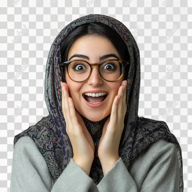 Iranian woman in her mid-30s, with an expression of delighted surprise. Her eyes are wide and bright behind her glasses, sparkling with joy, and her mouth is open in a broad, amazed smile. Both of her hands are placed on her cheeks in a classic gesture of pleasant surprise, framing her radiant face. She's wearing stylish, modern glasses that complement her features. She's dressed in a light gray formal manteau. Her head is adorned with a patterned dark green shawl. The shawl is styled to reveal a glimpse of her dark hair framing her face, with a few strands of her rich, dark hair visible, softening her features. Upper body portrait from the front. Her eyes, visible through the lenses of her glasses, convey wonder and excited happiness. Her facial expression is a mix of shock and elation, as if she's just received wonderful, unexpected news. There's a slight flush to her cheeks, enhancing her joyful appearance. High-resolution detail, shot with Canon EOS R5, 85mm portrait lens for a clear, professional portrayal with soft, flattering lighting that highlights her features, glasses, and delightfully surprised expression. The background is plain white, focusing all attention on the woman and her state of joyous astonishment. iw 1.8