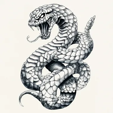 hand drawn neotraditional snake with an aggressive look, high contrast, white background