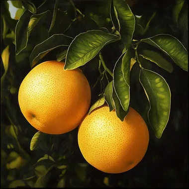 Three golden grapefruits grow on the tree ar 16:9 --s 50