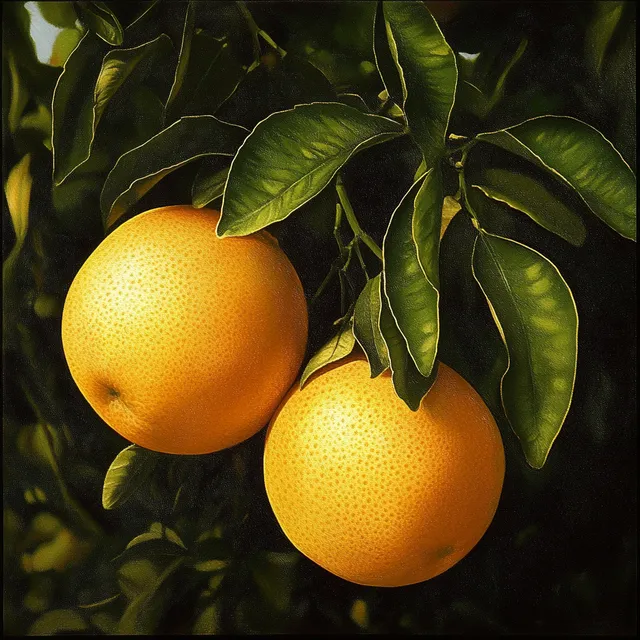 Three Golden Grapefruits Growing on a Tree in a Lush Orchard Scene