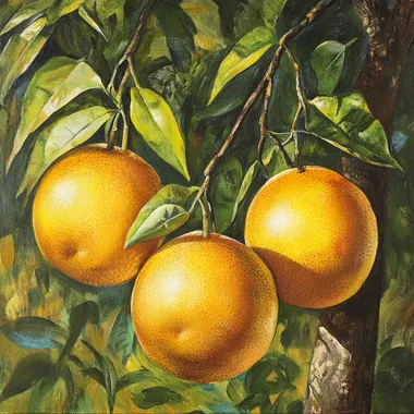 Three golden grapefruits grow on the tree ar 16:9 --s 50