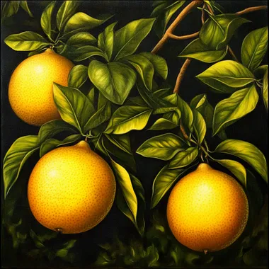 Three golden grapefruits grow on the tree ar 16:9 --s 50