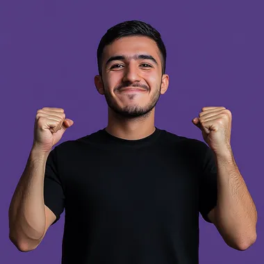 25 year old tanned arab looking man with short length black hair, he is holding fists in the air from excitement, he is very happy , purple background