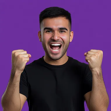 25 year old tanned arab looking man with short length black hair, he is holding fists in the air from excitement, he is very happy , purple background
