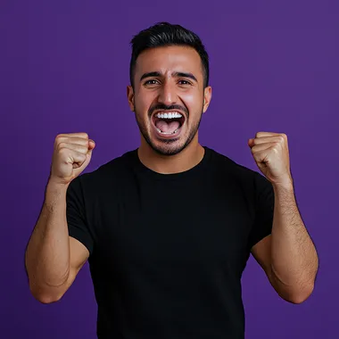 25 year old tanned arab looking man with short length black hair, he is holding fists in the air from excitement, he is very happy , purple background