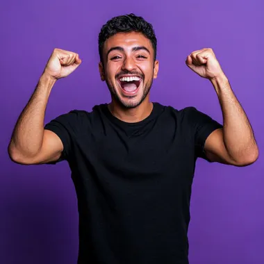 25 year old tanned arab looking man with short length black hair, he is holding fists in the air from excitement, he is very happy , purple background