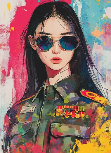 A full-body illustration of a girl wearing a military uniform and sunglasses, featuring vivid and bold colors with a painting style reminiscent of traditional Japanese art, where the boundaries between colors are clearly defined.