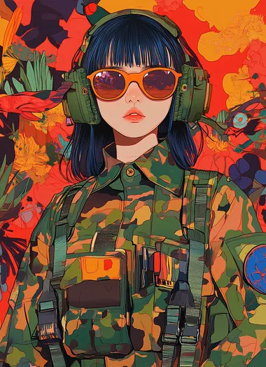 A full-body illustration of a girl wearing a military uniform and sunglasses, featuring vivid and bold colors with a painting style reminiscent of traditional Japanese art, where the boundaries between colors are clearly defined.