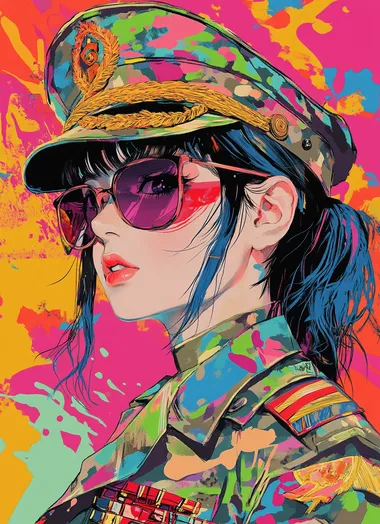 A full-body illustration of a girl wearing a military uniform and sunglasses, featuring vivid and bold colors with a painting style reminiscent of traditional Japanese art, where the boundaries between colors are clearly defined.
