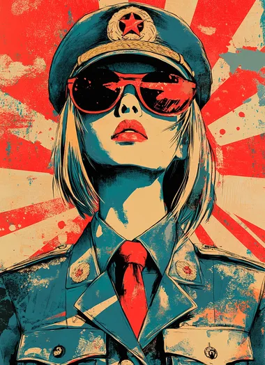 A full-body illustration of a girl wearing a military uniform and sunglasses, featuring vivid and bold colors with a painting style reminiscent of traditional Japanese art, where the boundaries between colors are clearly defined.