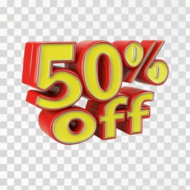 text "50% off" , 3d red and yellow on white background