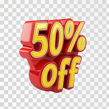 text "50% off" , 3d red and yellow on white background