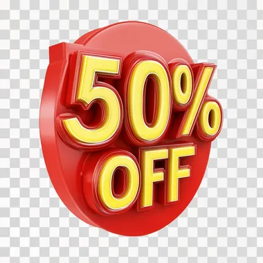 text "50% off" , 3d red and yellow on white background