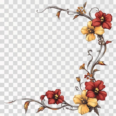 elegant Victorian style scroll corner frame clipart with red and yellow flowers on a solid white background