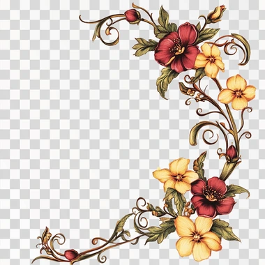 elegant Victorian style scroll corner frame clipart with red and yellow flowers on a solid white background
