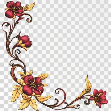 elegant Victorian style scroll corner frame clipart with red and yellow flowers on a solid white background