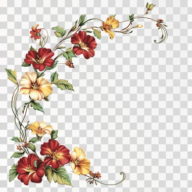 elegant Victorian style scroll corner frame clipart with red and yellow flowers on a solid white background