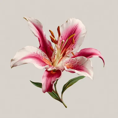 A single blooming lily flower in full detail, botanical illustration, pink and white petals, front view, realistic floral textures, clean background, natural style, high resolution"