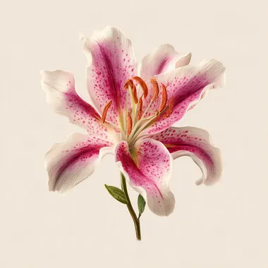 A single blooming lily flower in full detail, botanical illustration, pink and white petals, front view, realistic floral textures, clean background, natural style, high resolution"
