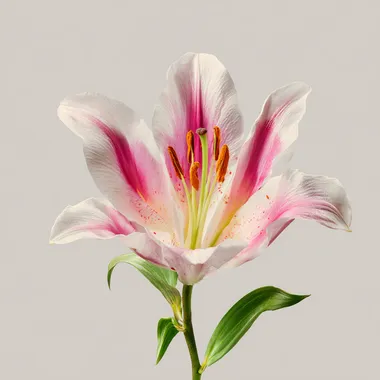 A single blooming lily flower in full detail, botanical illustration, pink and white petals, front view, realistic floral textures, clean background, natural style, high resolution"