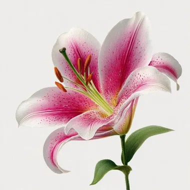 A single blooming lily flower in full detail, botanical illustration, pink and white petals, front view, realistic floral textures, clean background, natural style, high resolution"