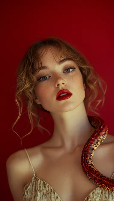 Beautiful woman with a red snake on her shoulder, studio photo for an Instagram post, red background, wearing a modern dress and lipstick, light waves hairstyle, looking at the camera, fashion photography, bright colors, soft light, minimalism, portrait photography, by an award-winning photographer, Sony Alpha wide-angle lens, bokeh effect.