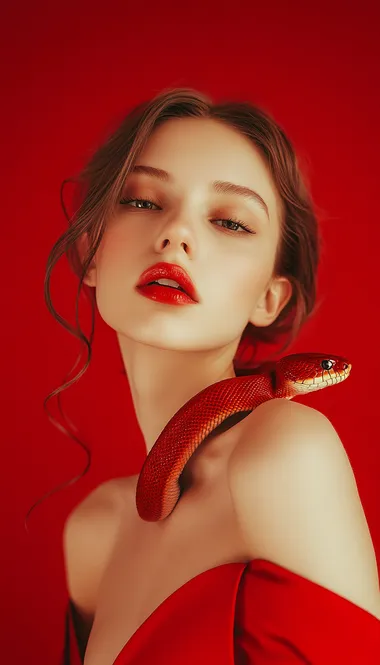 Beautiful woman with a red snake on her shoulder, studio photo for an Instagram post, red background, wearing a modern dress and lipstick, light waves hairstyle, looking at the camera, fashion photography, bright colors, soft light, minimalism, portrait photography, by an award-winning photographer, Sony Alpha wide-angle lens, bokeh effect.